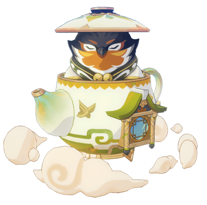 Chubby the traveling salesman in Genshin Impact Serenitea Pot with his shop inventory interface