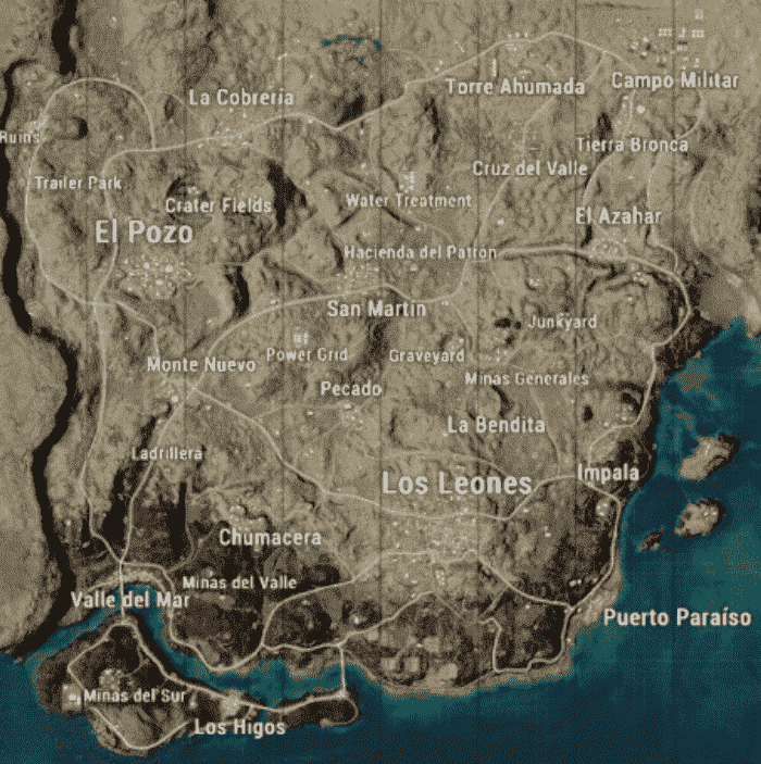 PUBG Mobile Miramar map highlighting different ridge systems and key locations