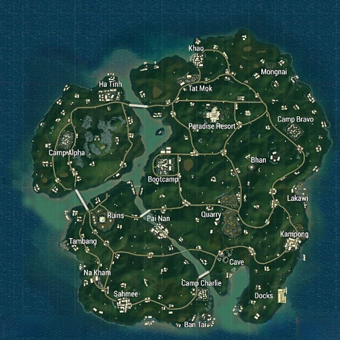 PUBG Mobile Sanhok map overview showing compact layout and key locations