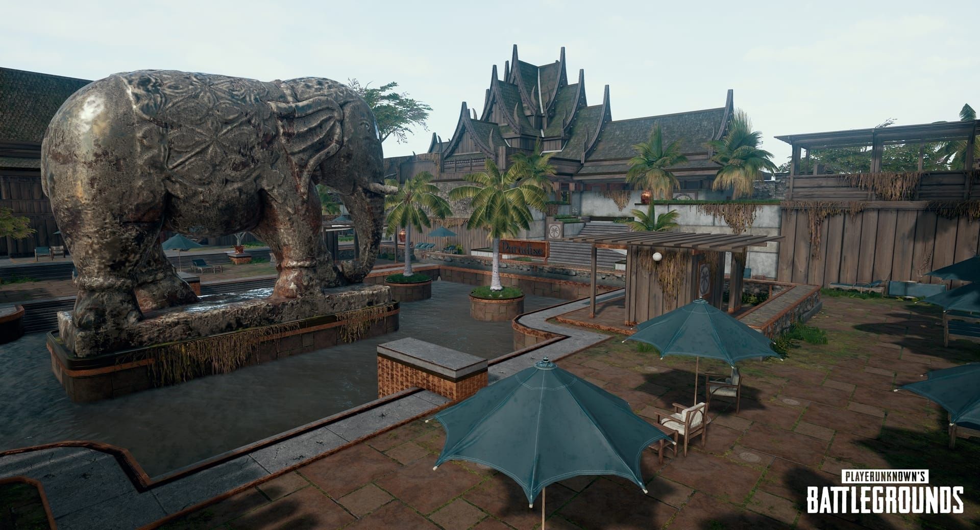 PUBG Mobile Paradise Resort showing hilltop fortress design with central tower