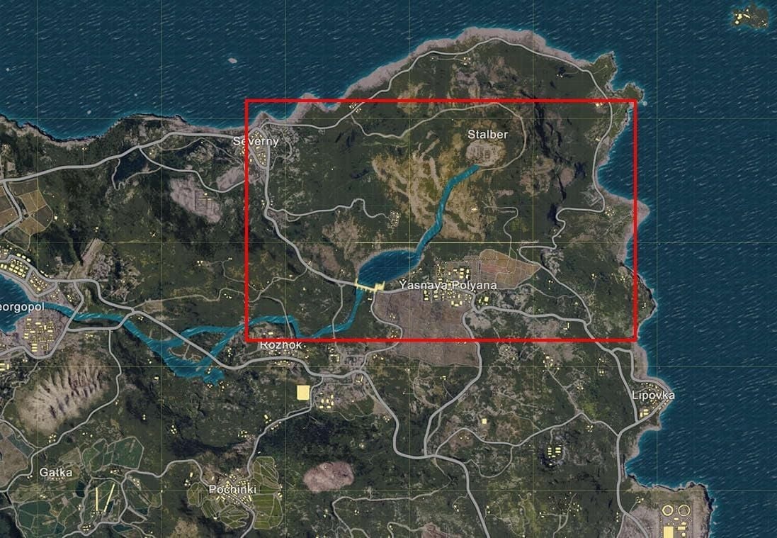 PUBG Mobile guide showing optimal looting route through Yasnaya Polyana buildings