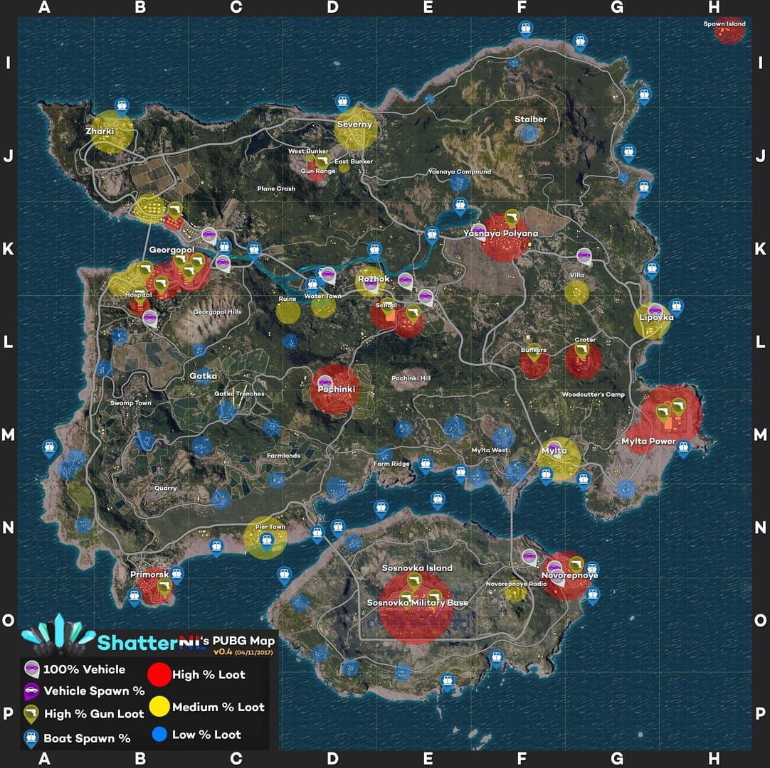 PUBG Mobile map showing vehicle spawn points near Yasnaya Polyana