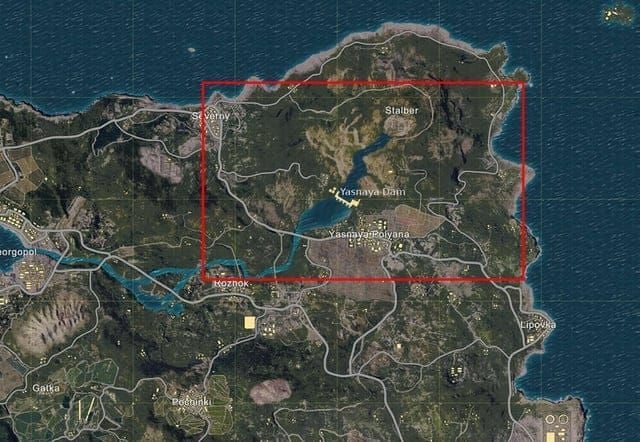 PUBG Mobile Erangel map highlighting Yasnaya Polyana location in northeast region