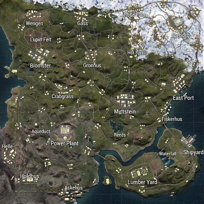 PUBG Mobile Livik map showing the compact 2x2 kilometer battlefield layout