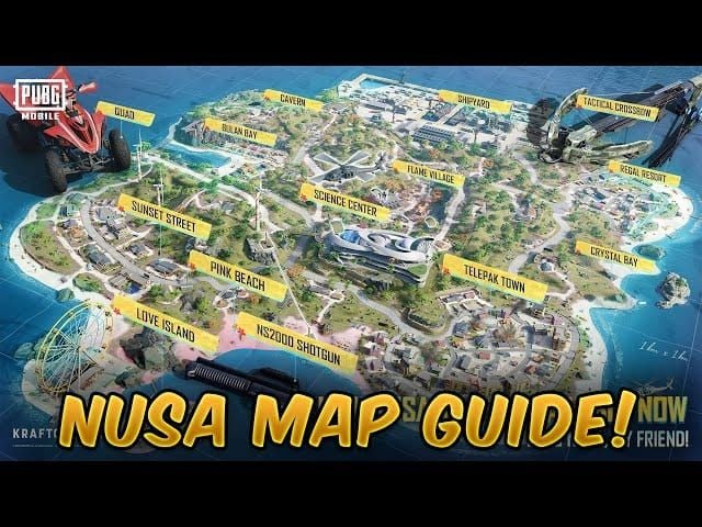 PUBG Mobile Nusa map showing elevation points and key locations