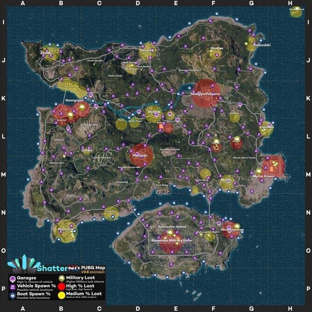 Erangel map highlighting underground bunker locations and entrance points near Shelter area
