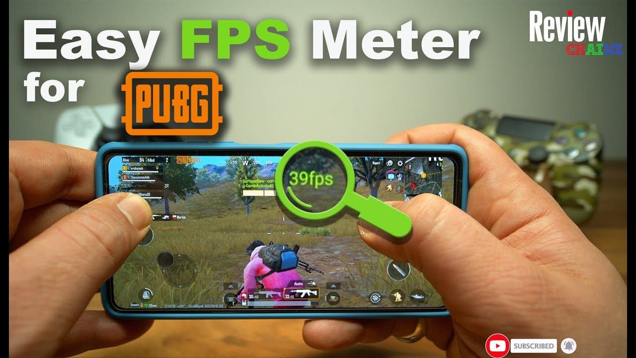 PUBG Mobile gameplay screen with performance monitoring overlay showing real-time FPS, temperature, and resource usage statistics