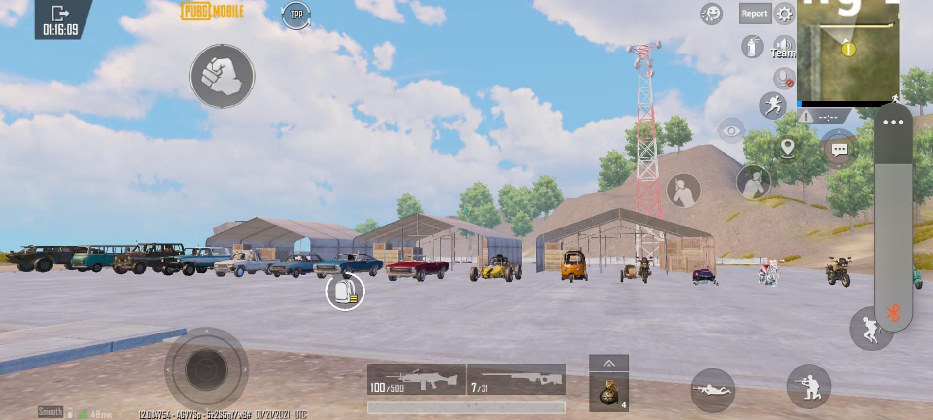 PUBG Mobile training ground gameplay with visible performance monitoring metrics