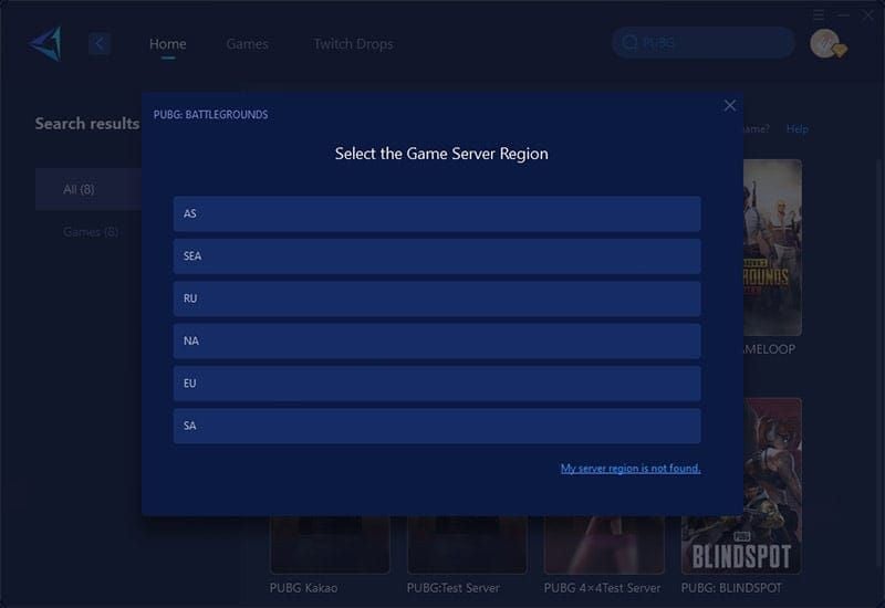 PUBG Mobile server selection interface displaying regional options with ping values