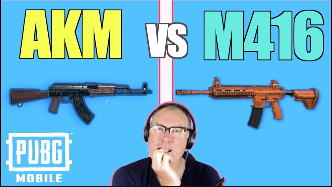 PUBG Mobile M416 vs AKM weapon statistics comparison chart showing damage, fire rate, and key specs