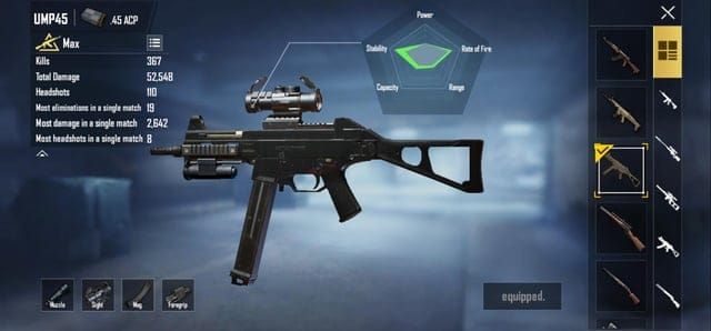 PUBG Mobile weapon comparison showing UMP45 vs P90 statistics