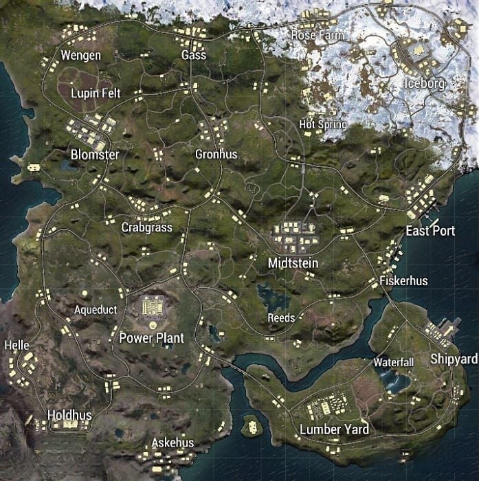 PUBG Mobile Livik map overview showing key locations for SMG gameplay