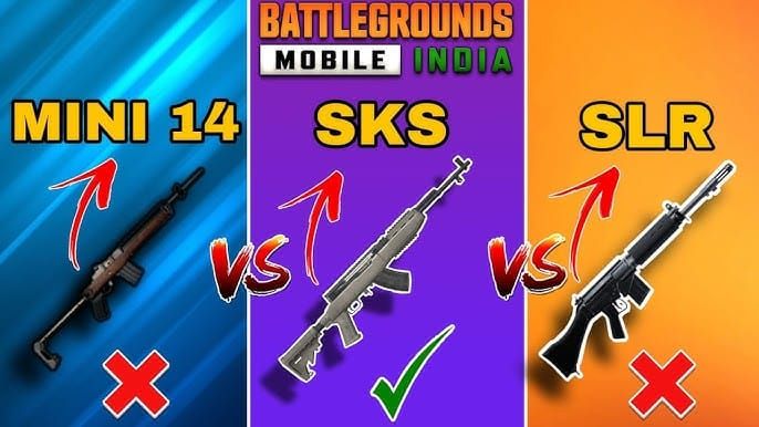 PUBG Mobile Mini-14 vs SLR weapon comparison showing both DMR rifles side by side