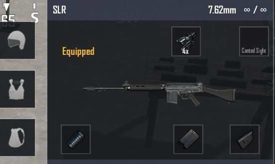 PUBG Mobile SLR with optimal attachments including extended magazine, compensator, and cheek pad