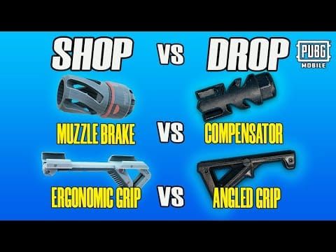PUBG Mobile attachment selection screen showing muzzle device options and statistics