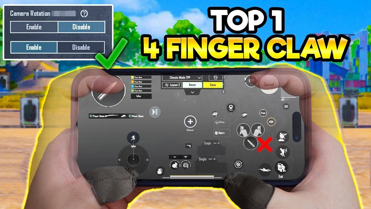 PUBG Mobile 4-finger claw control layout demonstration showing optimal finger positioning