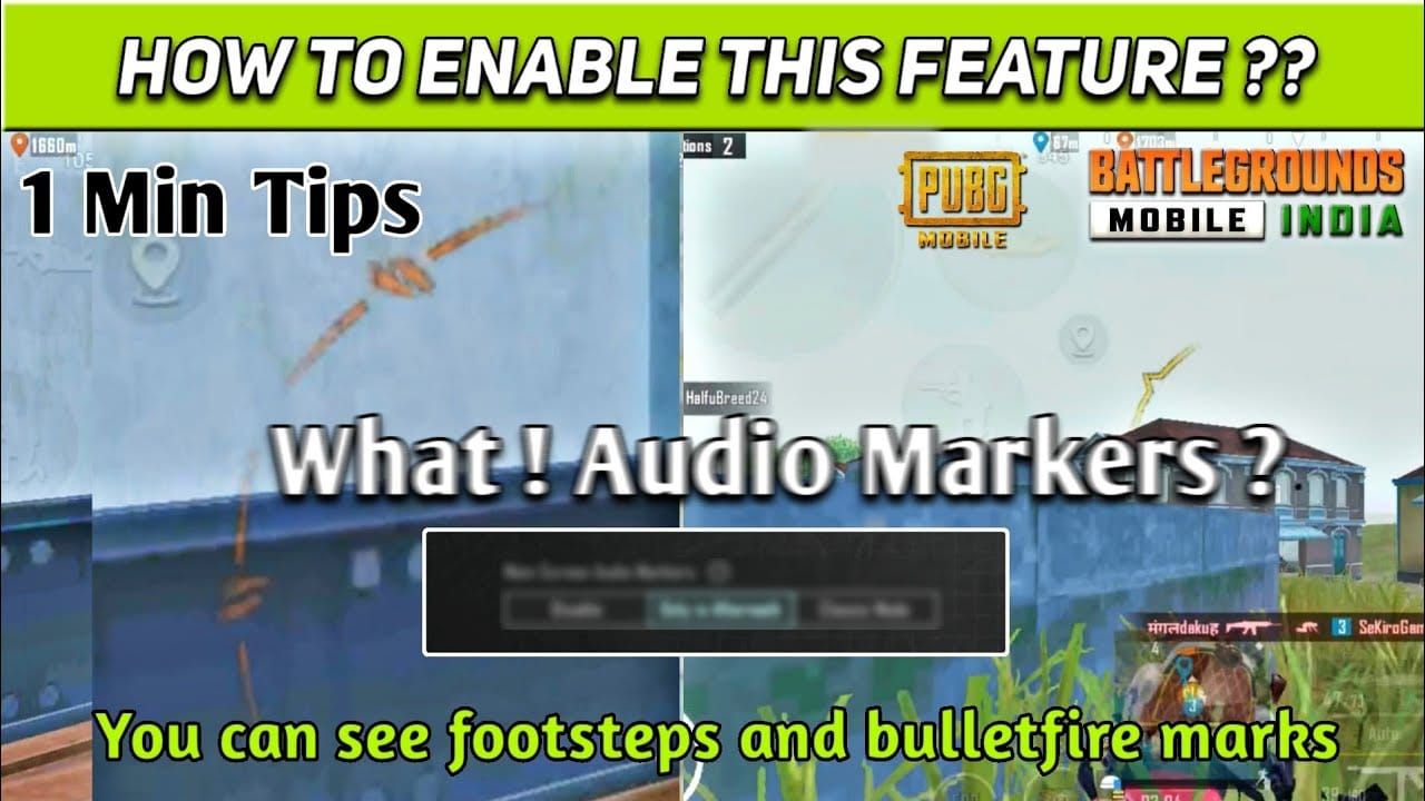 PUBG Mobile gameplay screenshot displaying visual sound effect indicators showing enemy footsteps and gunfire directions