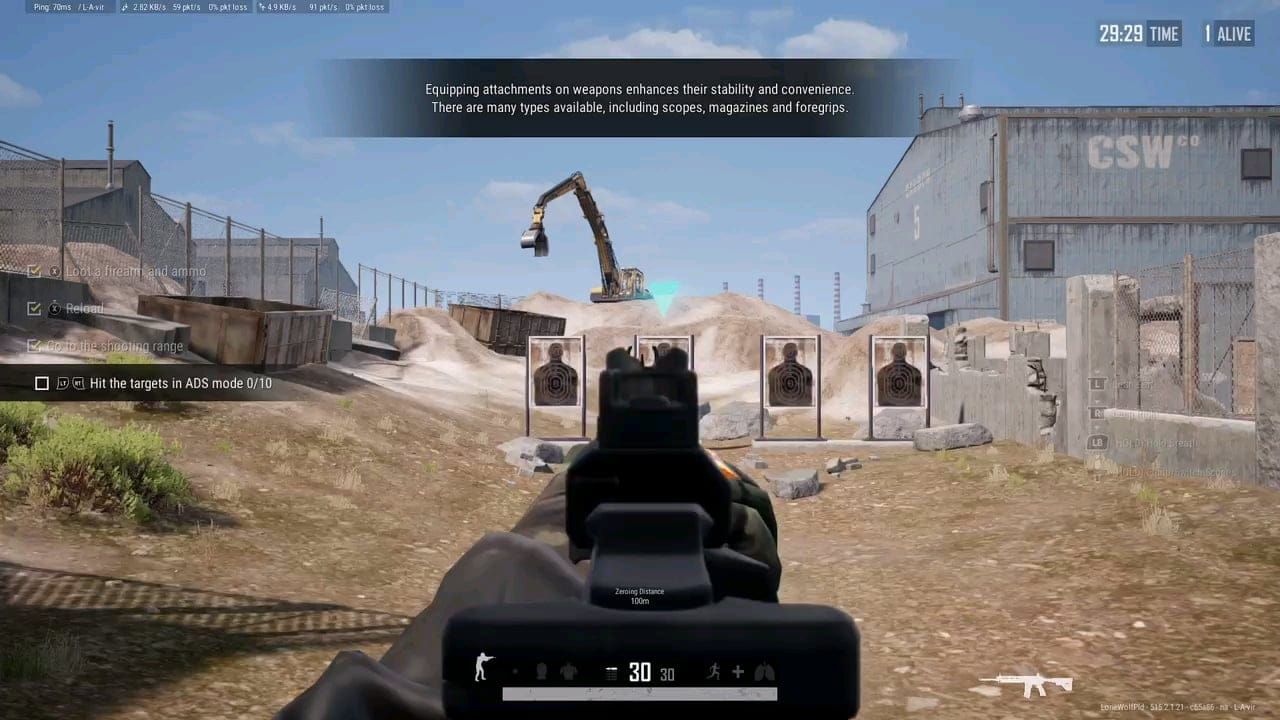 PUBG Mobile Training Ground shooting range with distance markers and practice targets