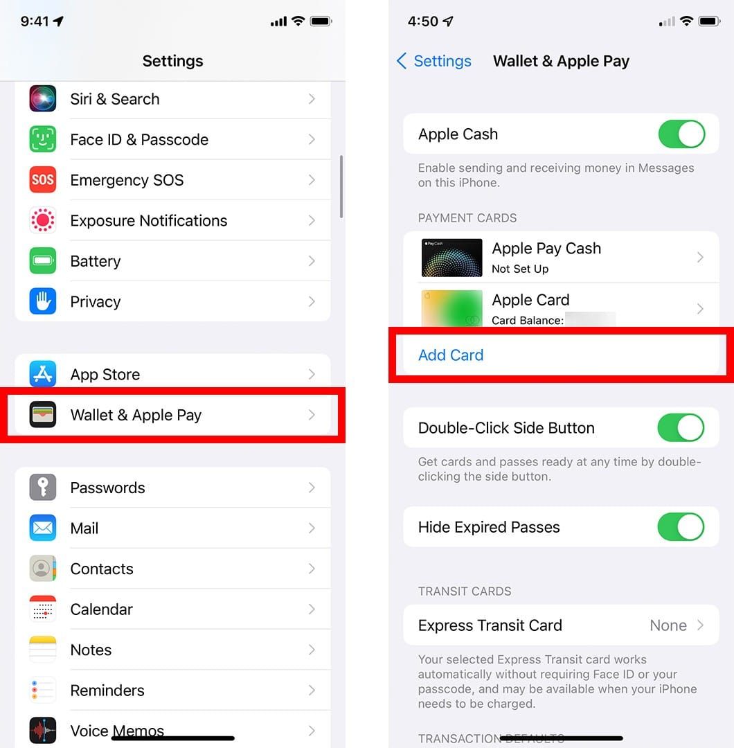 iPhone settings screen showing Wallet & Apple Pay configuration options