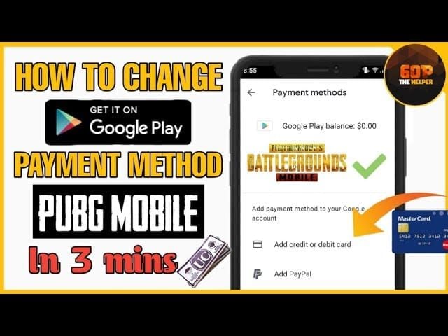 PUBG Mobile payment method selection screen showing Visa and other payment options