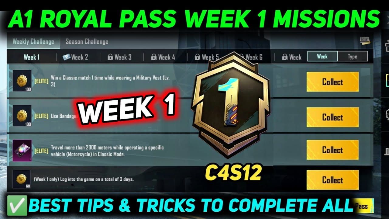 PUBG Mobile Royale Pass missions interface displaying daily and weekly tasks for earning rewards