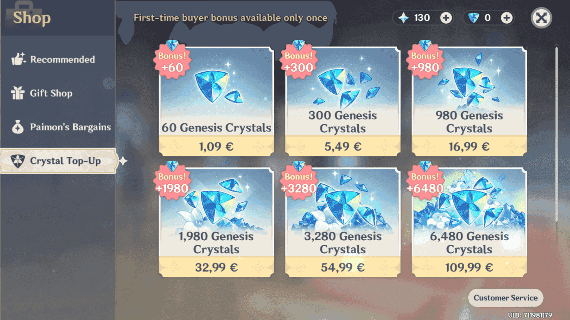 Genshin Impact top-up screen showing first-time bonus indicator on Genesis Crystal packages