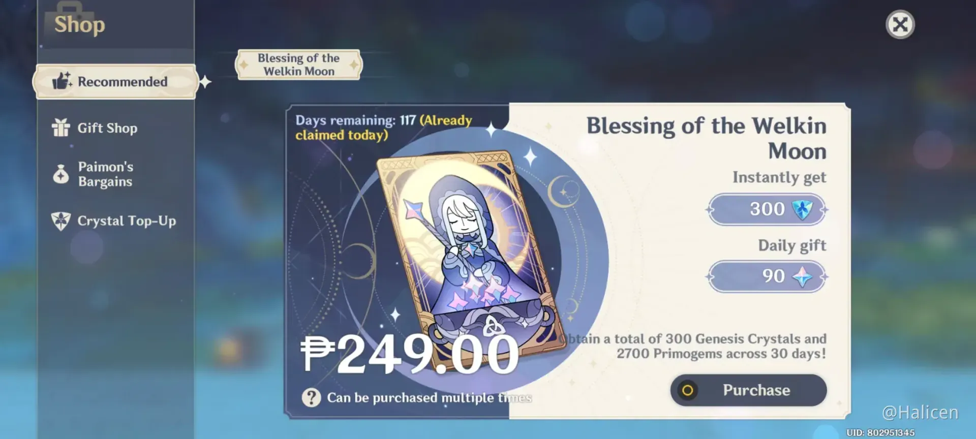 Genshin Impact Blessing of Welkin Moon purchase screen showing subscription benefits