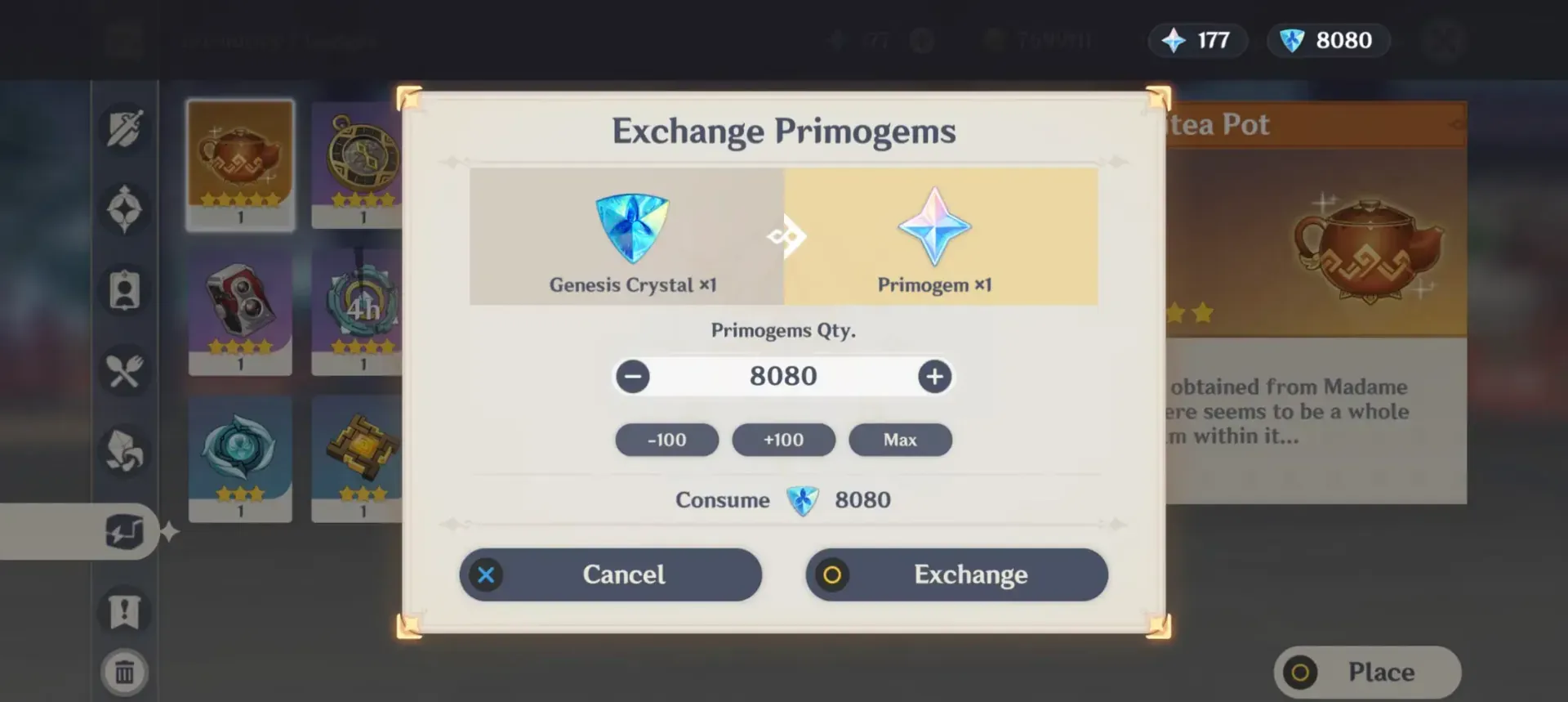 Genshin Impact PlayStation interface showing Genesis Crystals in player inventory