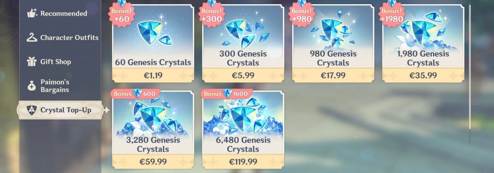 Genshin Impact Genesis Crystal purchase store interface showing pricing tiers