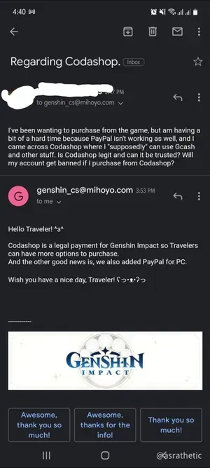 Official miHoYo announcement confirming Codashop partnership for Genshin Impact