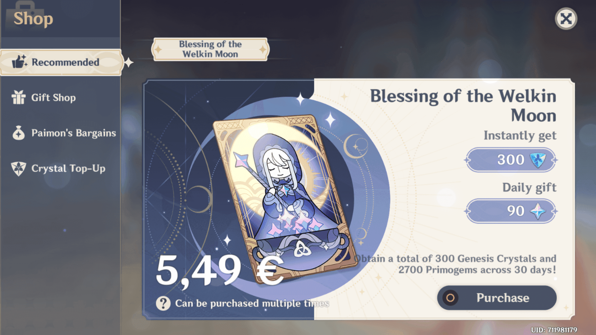 Welkin Moon purchase screen showing price and benefits in Genshin Impact