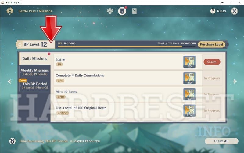 Genshin Impact Battle Pass interface displaying the 50-level progression system and reward tiers