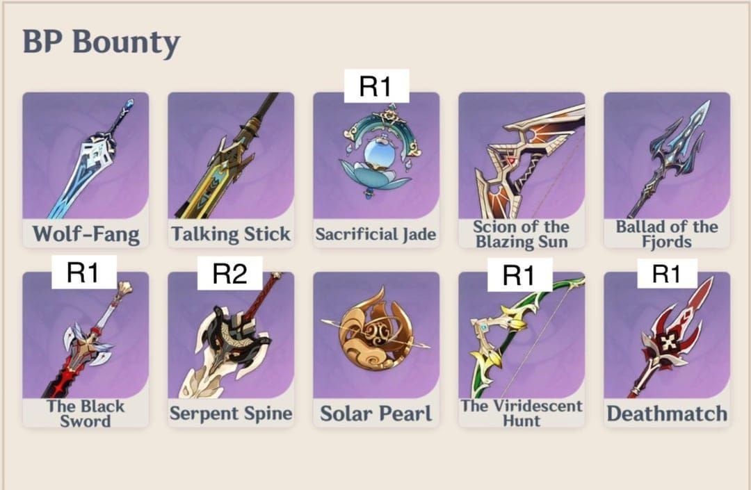 Collection of Genshin Impact Battle Pass weapons including Serpent Spine claymore and other premium weapons