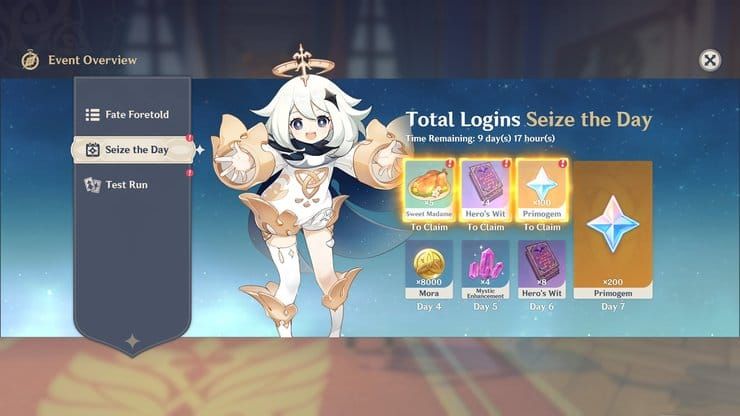 Genshin Impact daily login screen showing primogem collection and server time information