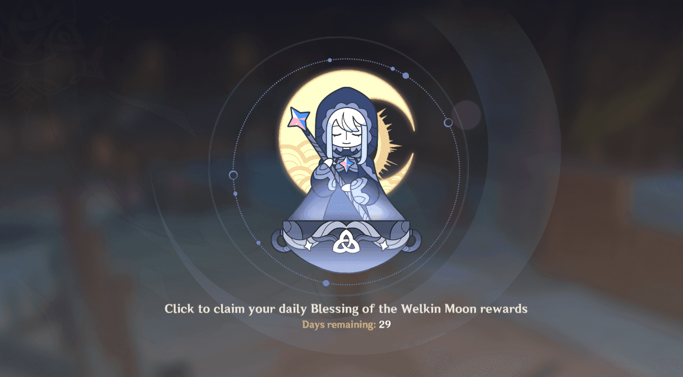 Genshin Impact Welkin Moon purchase interface showing $4.99 price and daily primogem rewards