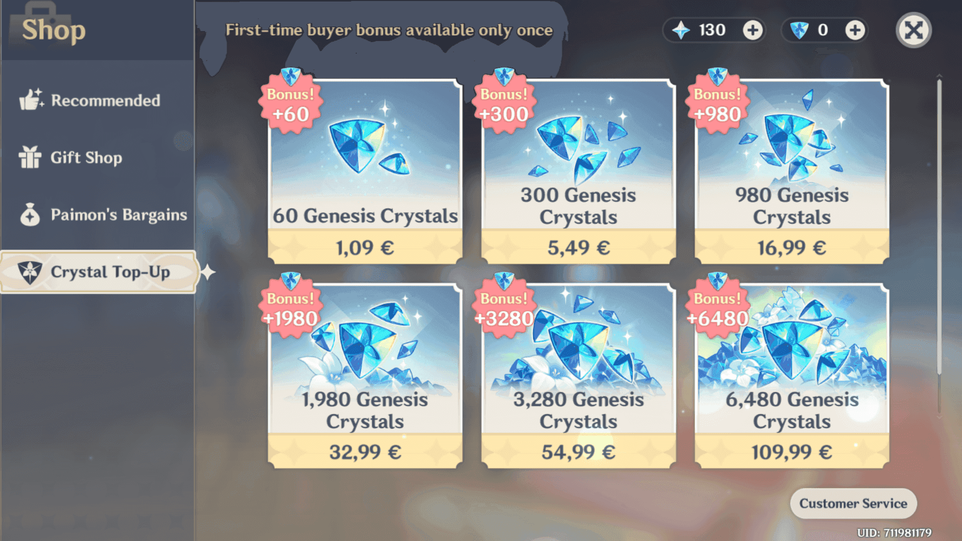 Genshin Impact Genesis Crystal purchase interface showing pricing tiers and bonus amounts
