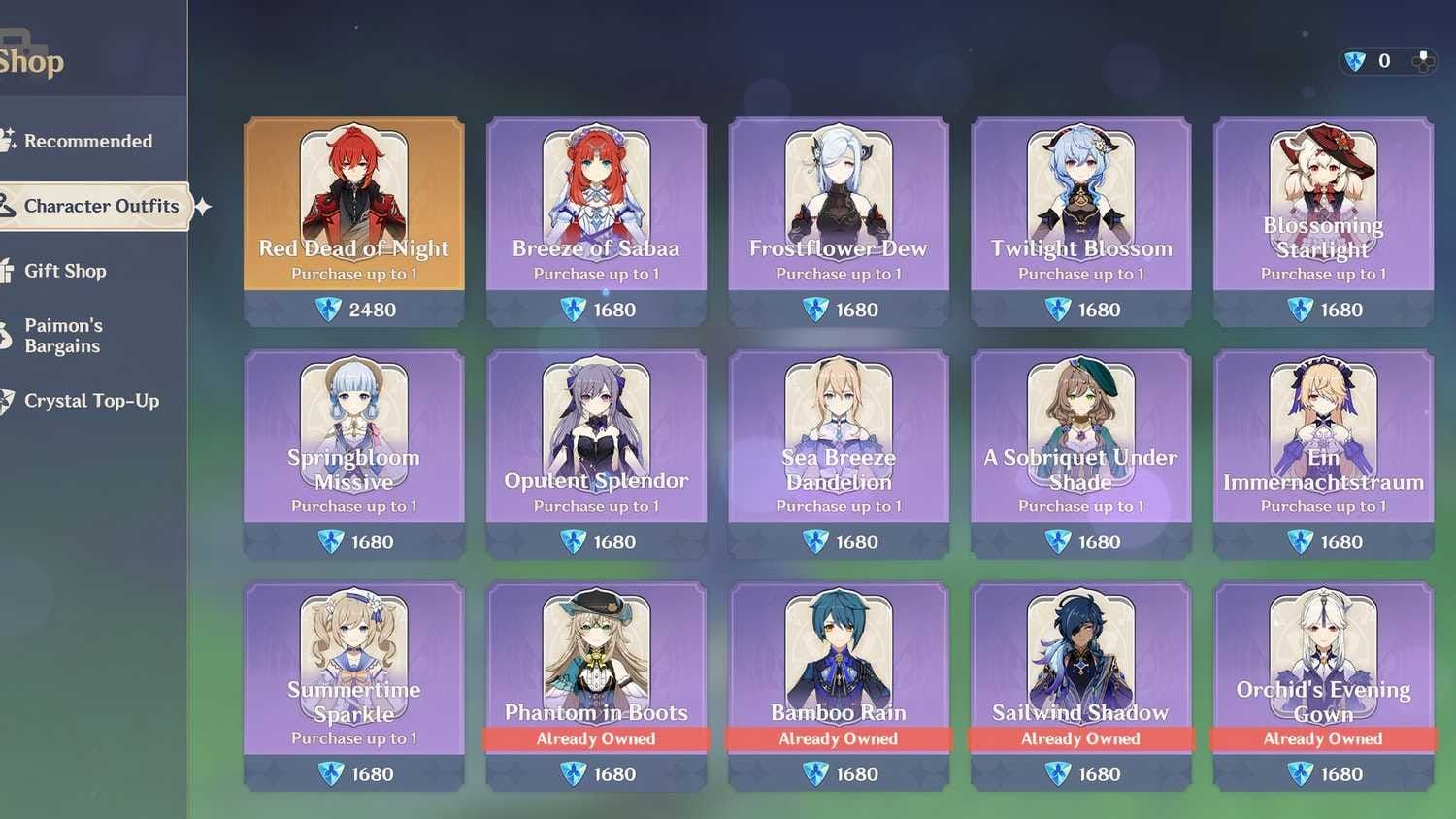Genshin Impact outfit shop showing character skins with Genesis Crystal pricing