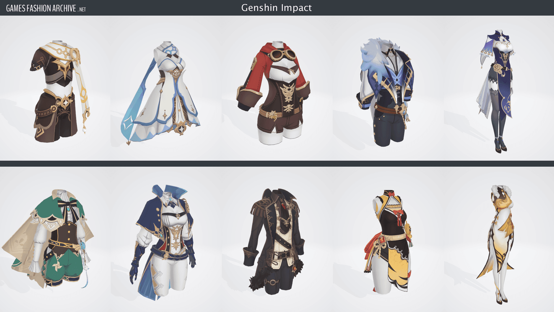Collection of Genshin Impact character outfits showing 4-star and 5-star themed skins