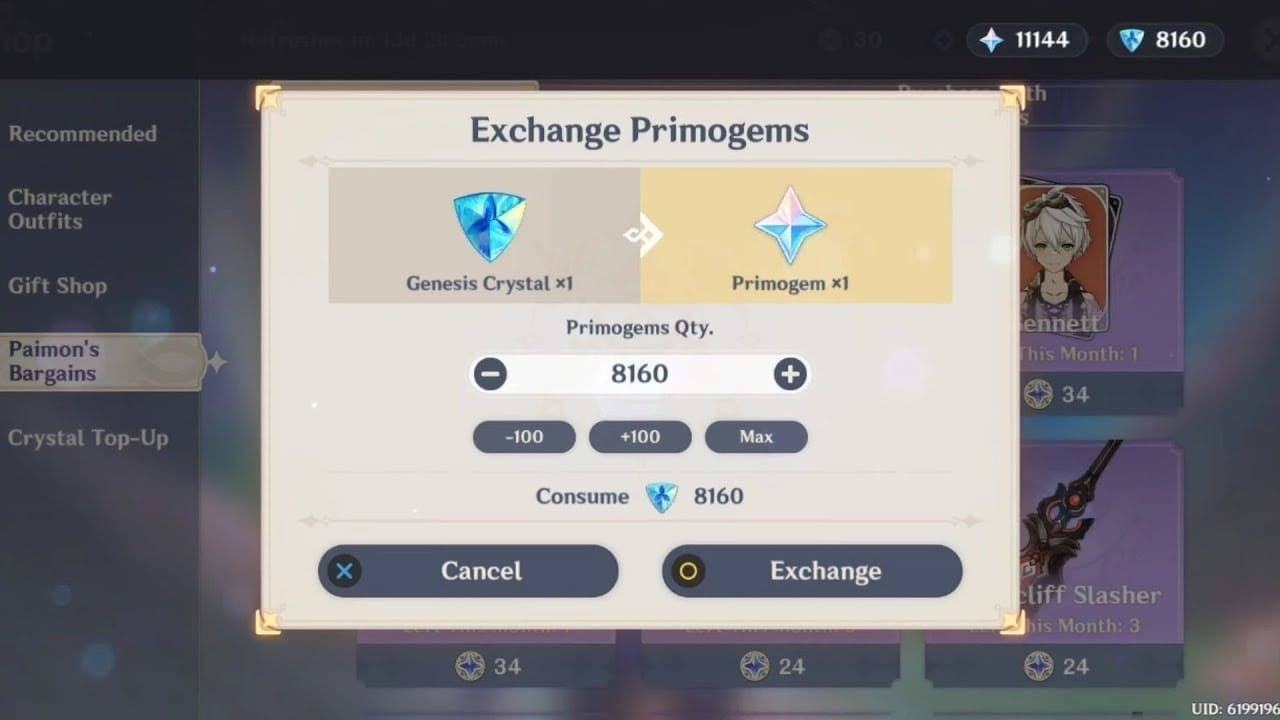 Genshin Impact currency interface showing Genesis Crystals and Primogems with conversion options