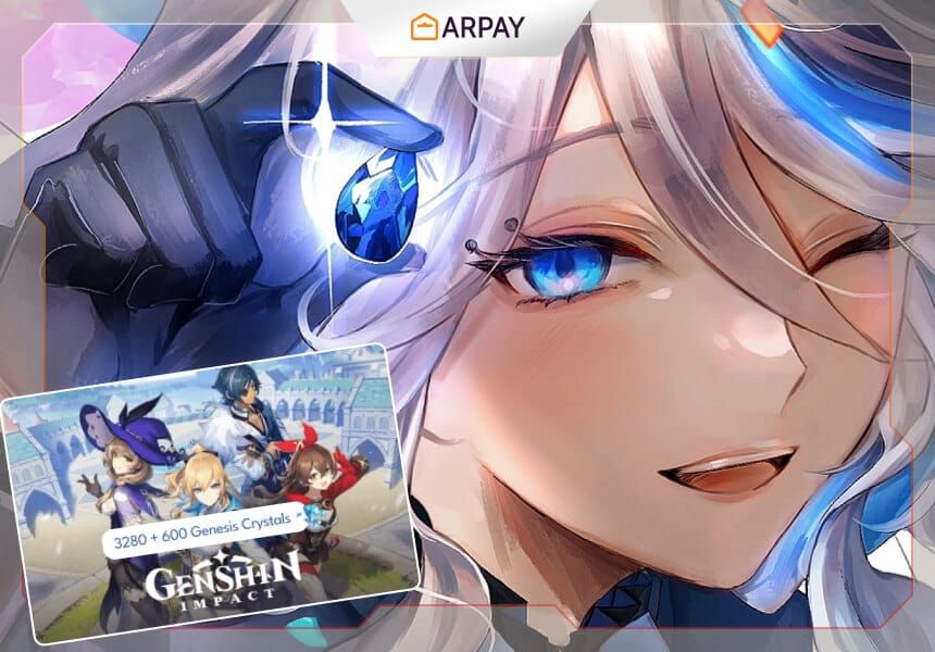 Various platform gift cards for Genshin Impact purchases including App Store, Google Play, and PlayStation cards