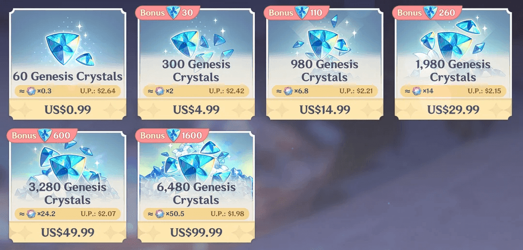 Genshin Impact Crystal Top-Up shop showing Genesis Crystal packages and pricing