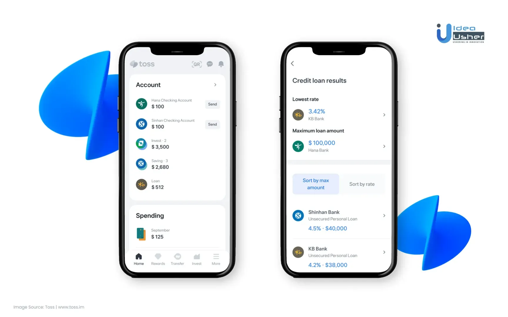 Toss Pay mobile application interface showing main dashboard and payment options
