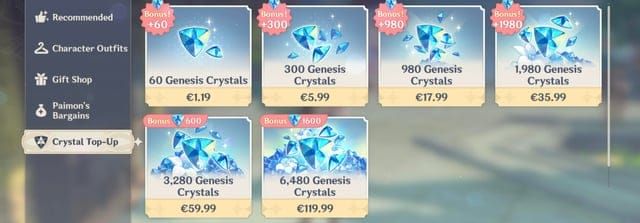 Genshin Impact official top-up center interface displaying Genesis Crystal packages and payment options