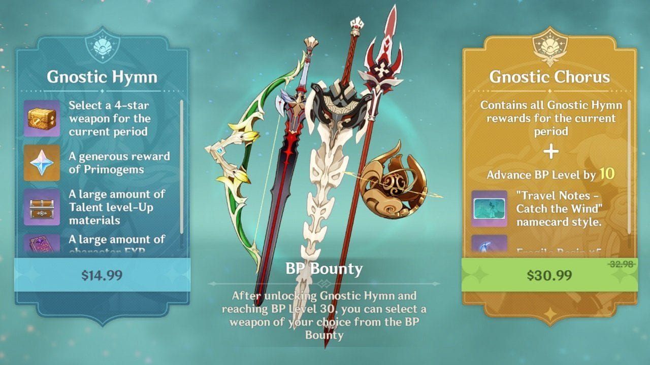 Genshin Impact Battle Pass interface displaying Gnostic Hymn rewards and value comparison