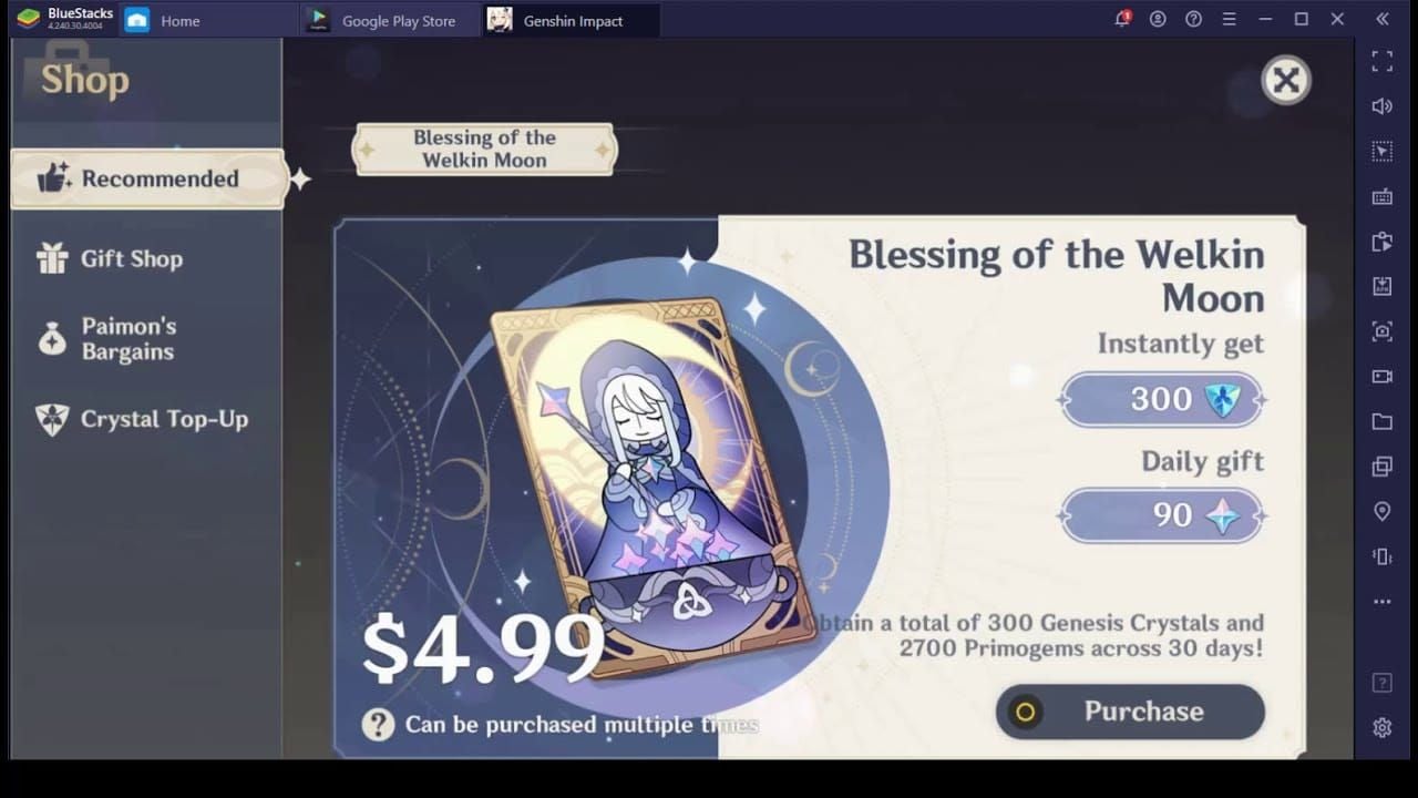 Google Play gift card payment method for Genshin Impact showing redemption and purchase process