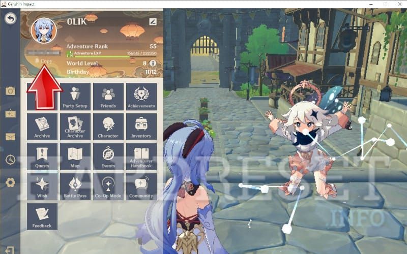 Genshin Impact game interface showing UID location in Paimon Menu for secure top-up process