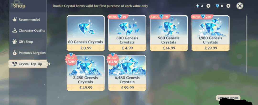 Price comparison chart showing Genshin Impact Genesis Crystal packages in Japanese yen with value analysis
