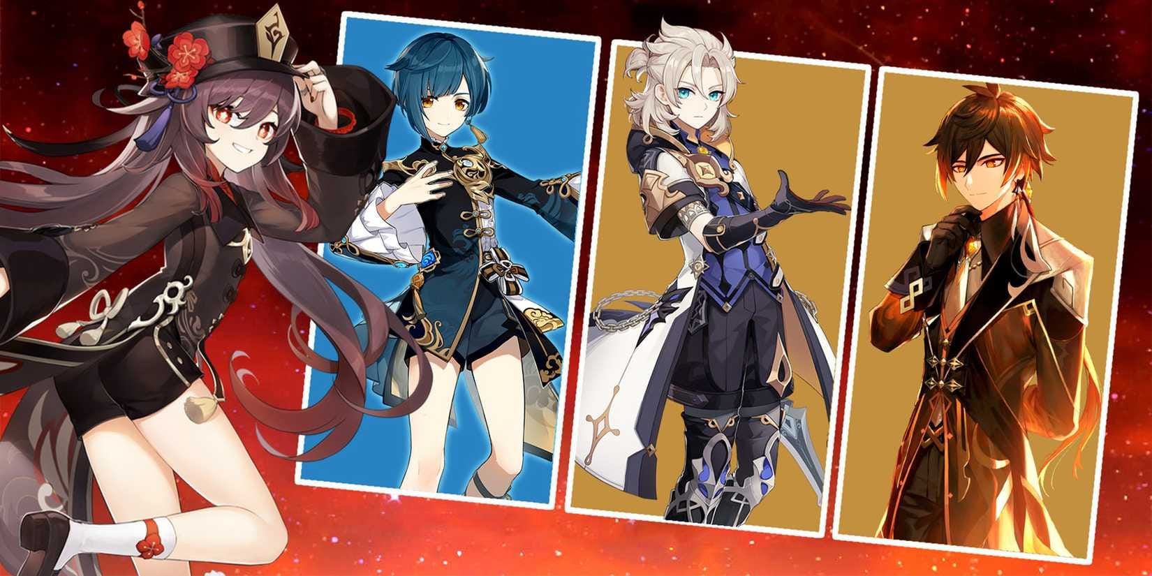 Genshin Impact team composition guide showing Hu Tao, Xingqiu, Collei, and Yaoyao with elemental reaction indicators