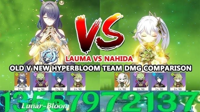 Genshin Impact damage comparison between Lunar-Bloom and Hyperbloom reactions