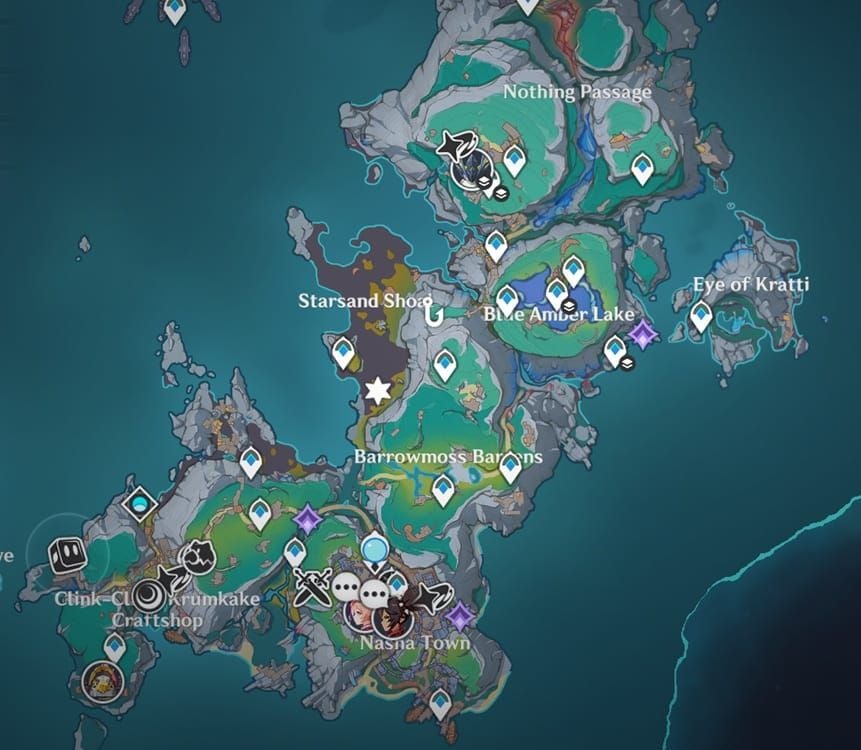 Genshin Impact Lempo Isle complete map showing seven treasure zones